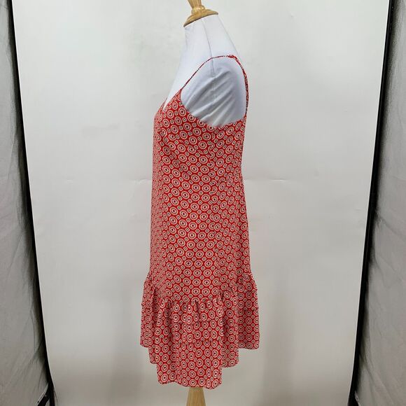 J Crew Ruffle Hem Dress Womens 0 Red Printed Spaghetti Drop Waist Knee Length - Picture 7 of 16
